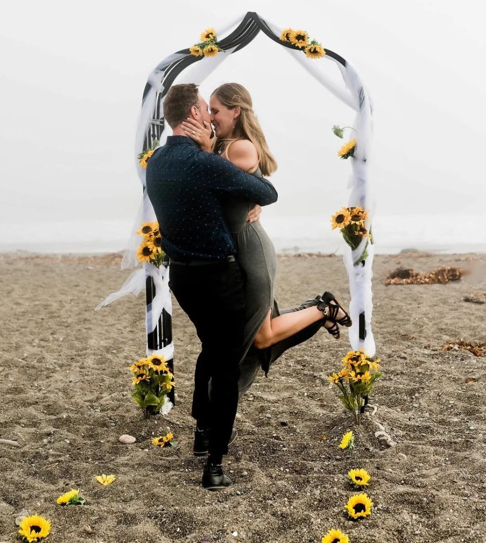 Cody and Lindsey’s sunflower beach proposal with custom engagement ring by Kaz Jewelry