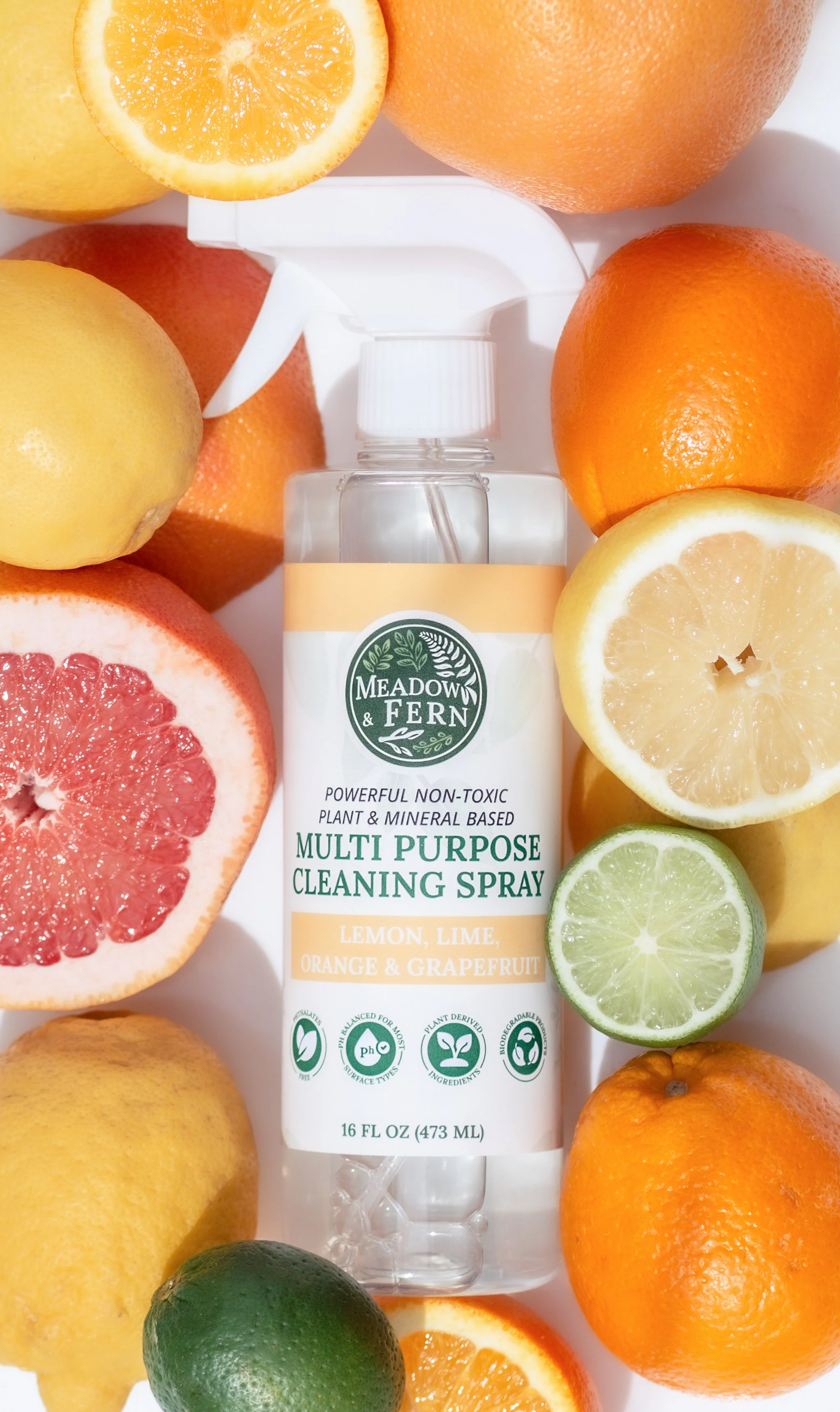 A spray bottle labeled Meadow & Fern Multi Purpose Cleaning Spray surrounded by fresh citrus fruits including oranges, lemons, limes, grapefruit, and a yellow fruit, all on a white surface.