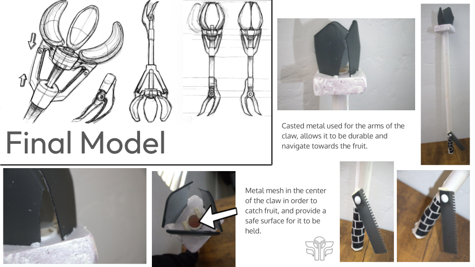 A collage showing sketches and photos of a robotic crab claw prototype. The sketches illustrate different designs of the claw, with two metal arms and gripper tips. The photos display the constructed prototype with cut metal parts and a foam base, including details like a metal mesh inside the claw for catching fruit and foam-covered legs with black grip pads.