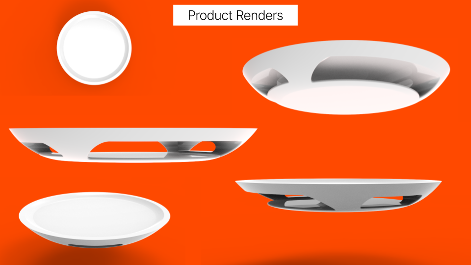 A collage of four white, modern, round product renderings against an orange background, including a circular object, a bowl, and two other dome-shaped items with sleek designs.