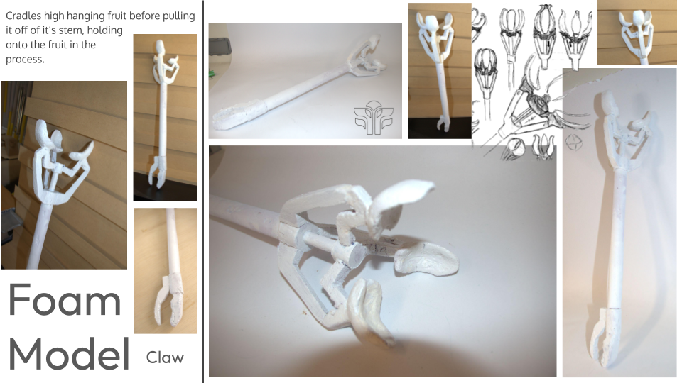A foam model of a crane claw with detailed parts and sketches, showing the steps to assemble and hold a fruit before pulling it off from a stem.