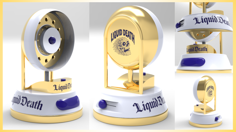 3D mechanical toy with a gold and white color scheme, labeled "Liquid Death," featuring a skull logo, with rotating parts and a base.