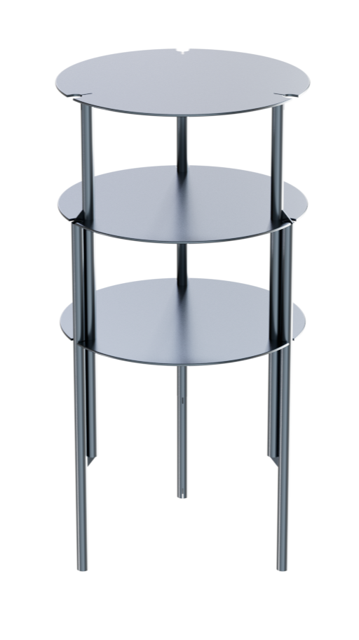 A three-tier modern metal and glass side table with round surfaces and cylindrical legs.