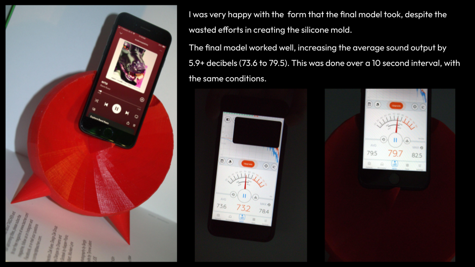 Smartphone displaying a music player app resting on a red 3D-printed model. Two additional smartphones show sound level measurements with meters and dials.