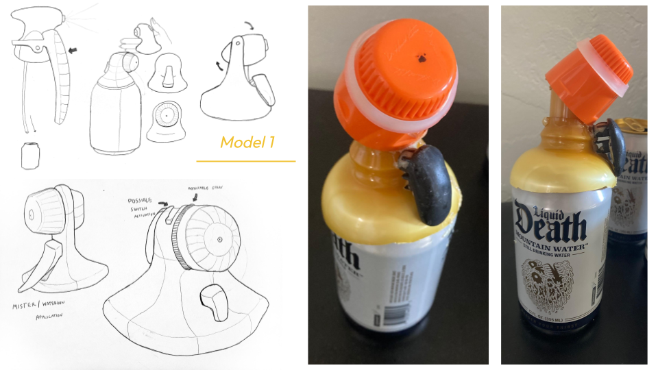 Series of sketches and photos of a water spray bottle with a black bug on it. The sketches show different design models of the spray bottle, and the photos show the bottle with an orange cap, a white label reading 'Liquid Death Mountain Water', and a black bug attached near the cap.
