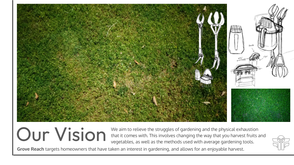 Photograph of a grassy lawn with a group of gardening tools, including pruning shears, gloves, and a watering can, along with a sketched diagram of gardening equipment on the right side, and some text about gardening and harvesting at the bottom.