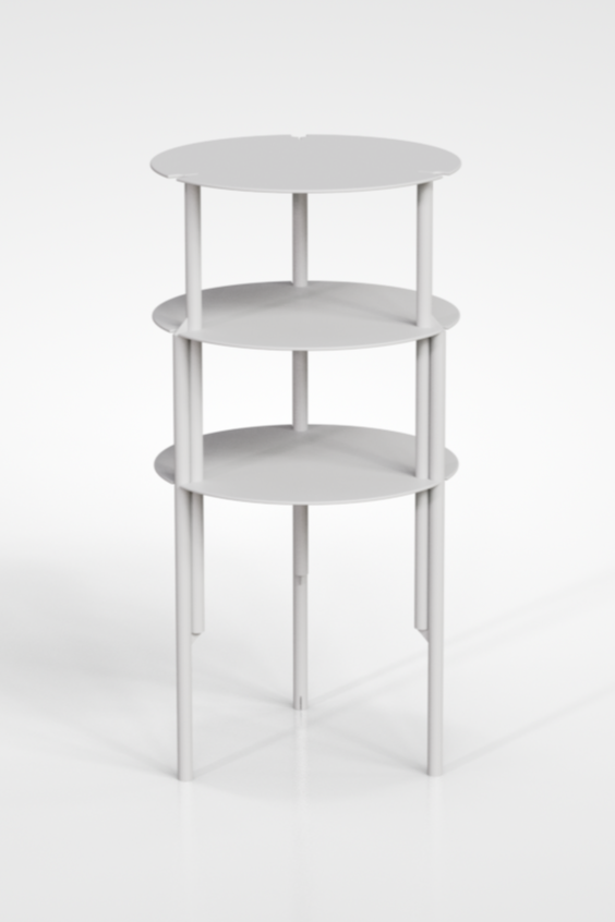 A white three-tiered round side table with three legs.