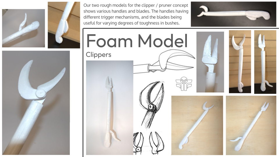 Display of foam models of tool handles and blades, including a clipper with various handle and blade designs, used for demonstrating different mechanisms and toughness in bushes.