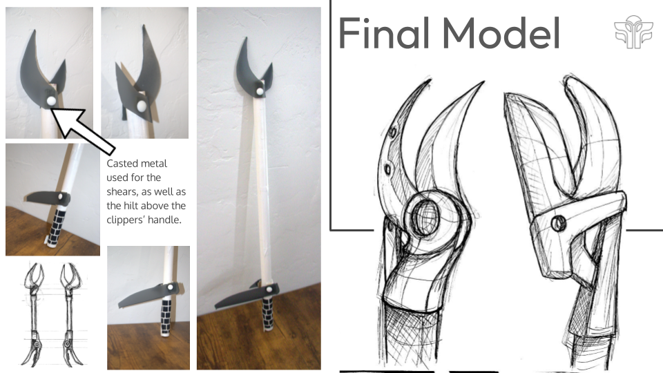 A craft project showing the progression of a pair of scissors designed to resemble a bird, from initial paper cutouts to a final model with a casted metal blade and handle. The final sketch illustration labeled "Final Model" depicts the bird-inspired scissors with detailed sketch lines.