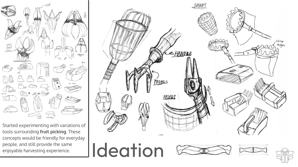 Sketches of various tools and concepts related to fruit picking, including baskets, handles, prongs, and different tool prototypes for harvesting.