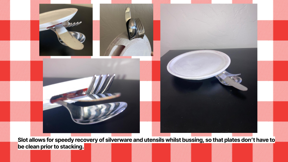A collage of images showing silverware and plates. One image shows a spoon with a fork and knife on a circular white plate; another shows a fork and knife stacked on a white chair; a third shows a fork and knife with a spoon on a black surface. The background features a red and white checkered pattern and a caption explaining the purpose of stacking utensils.
