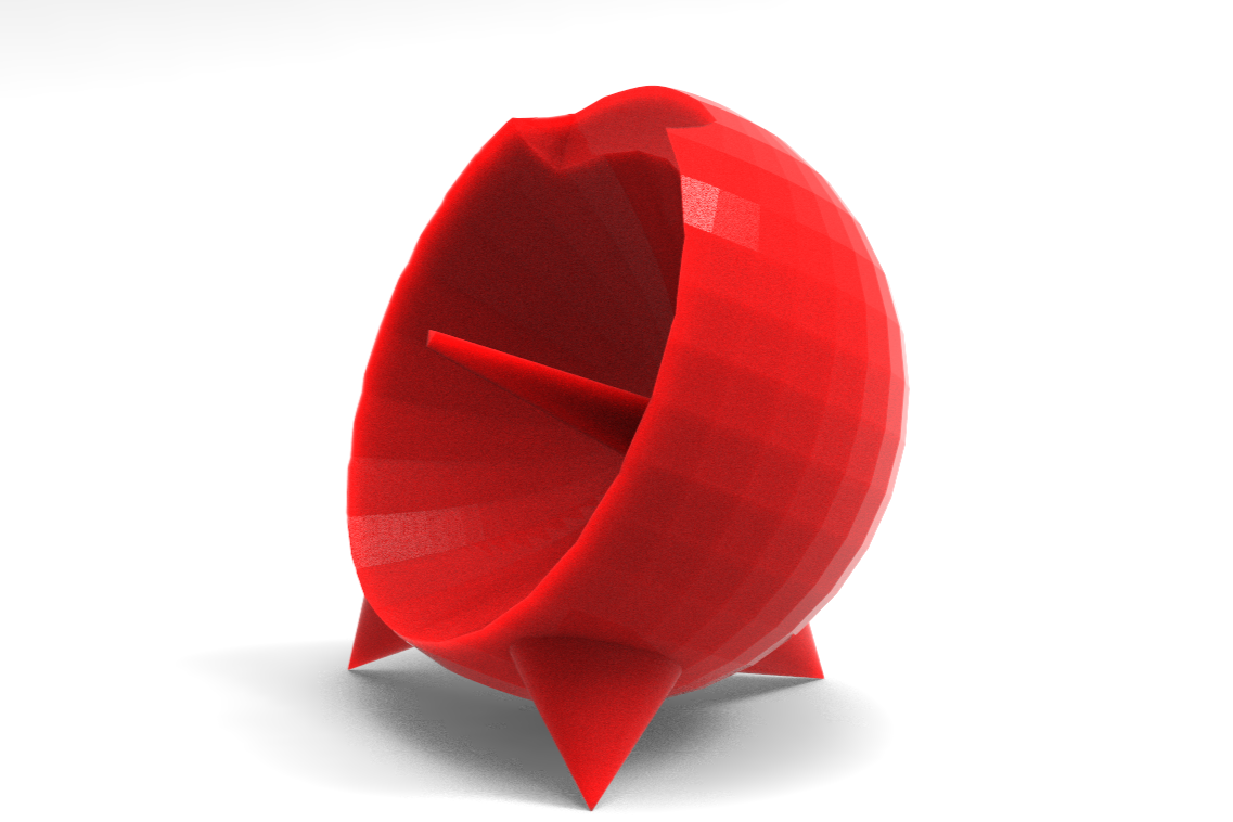 Red, modern, geometric chair with four legs and a rounded, spherical backrest