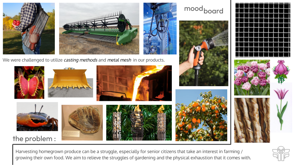 A collage of images related to farming, gardening, and manufacturing. Includes a person with a gardening tool, agricultural machinery, a shower head, a hand with a hose spraying water, grid patterns, flowers, a crab, a mineral sample, decorative vases, and fruit-bearing trees.