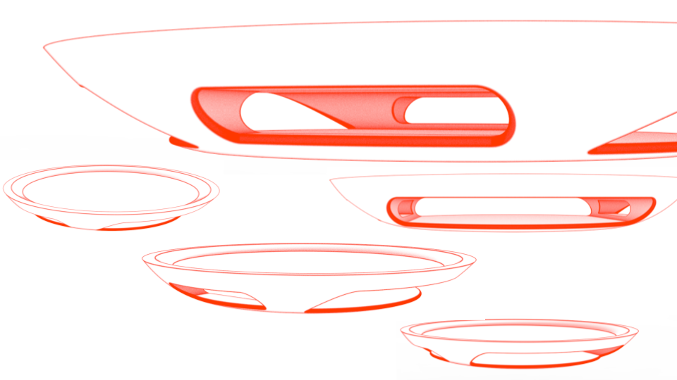 Digital line drawing of car headlight and taillight components with red highlights on a white background.