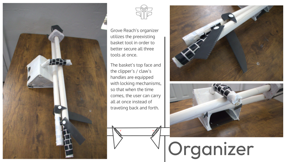 A DIY organization tool made from a modified bicycle basket with handles, clamps, and locking mechanisms to securely carry three tools at once.