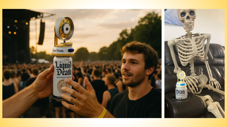A person holding a Liquid Death Mountain Water can with a portable fan attached at an outdoor concert during sunset, a young man with brown hair and a beard smiling, and a skeleton sitting on a leather chair in a room, with a skeleton holding the same Liquid Death can.