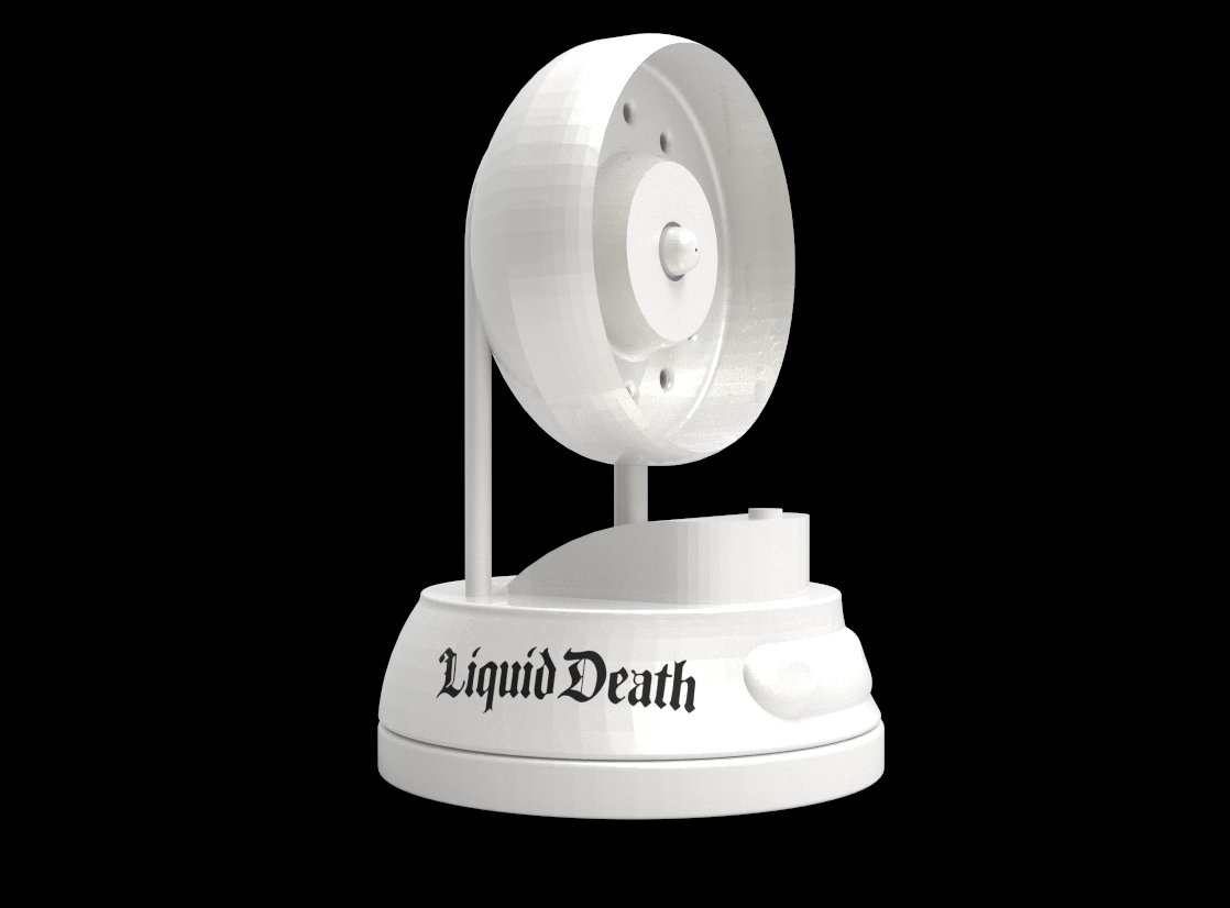 A white toy fan with the words 'Liquid Death' written on its base, set against a black background.
