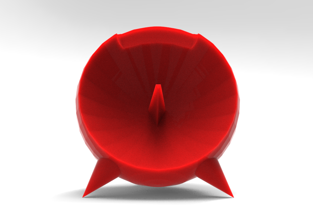 Red, cone-shaped alarm clock with two legs, viewed from the front.