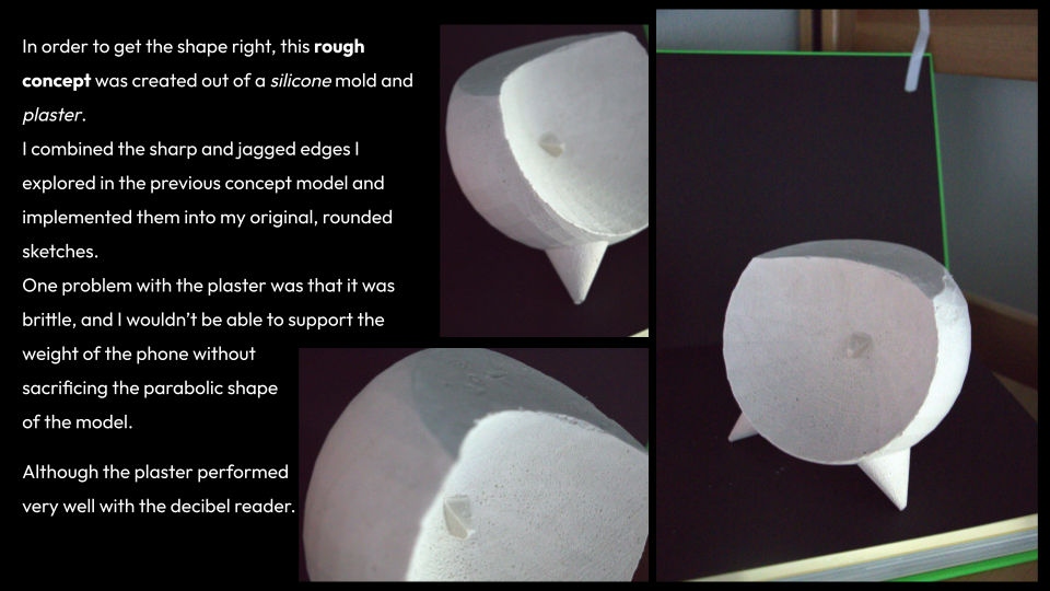 Image showing a white, rounded, cone-shaped object made of silicone mold and plaster, with a pointed tip, supported by three white legs, placed on a black surface, with a grid and corner clip visible in the background.