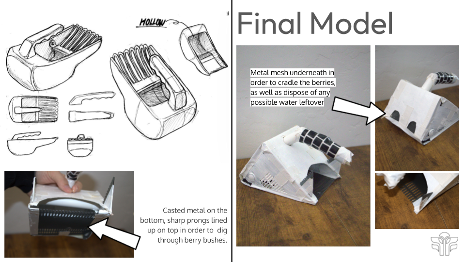 Diagram of a device made from a cardboard box with cutouts, a plastic straw handle, and a metal mesh bottom. Photos show a person using the device to dig through raspberry bushes, with annotations describing the metal mesh underneath and the casted metal components.