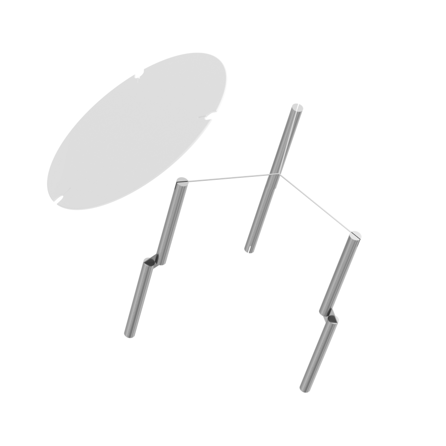 A satellite dish with a reflective surface and four supporting metal poles.