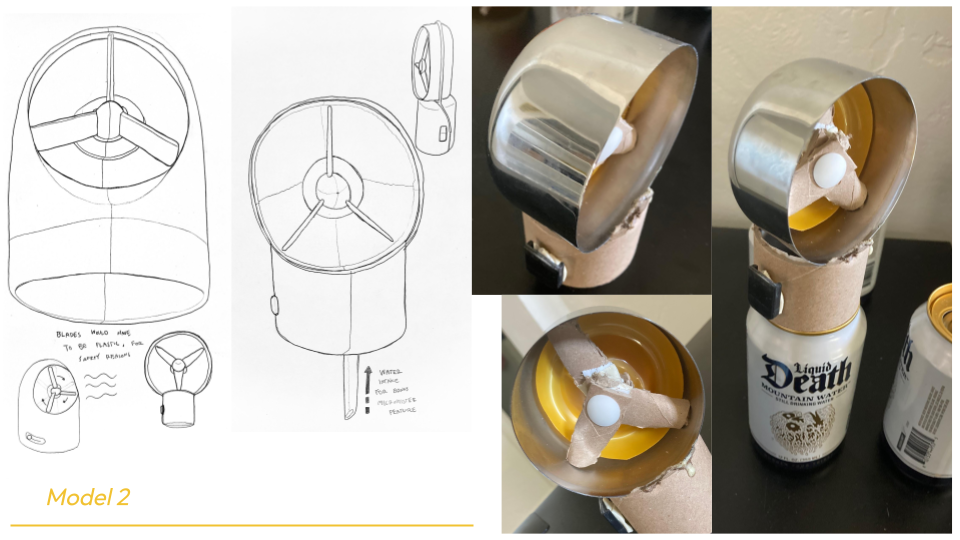 Detailed sketches and photos of a metallic vaporizer device with a cardboard base, showing its assembly, components, and usage, with a bottle of Liquid Death Mountain Water in some images.