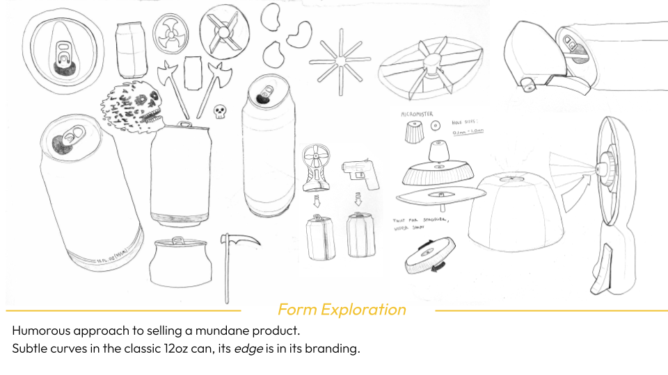 Sketch of various everyday objects, including cans, batteries, a fan, a light, a spray can, and small mechanical parts. The drawing features different shapes, some labeled with notes, with an emphasis on the design and branding of the cans.