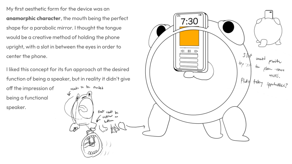A hand-drawn concept sketch of a device with a funny, anthropomorphic character shape, featuring a parabolic mirror mouth and a parrot illustration indicating a creative phone holder idea. The drawing includes notes and sketches of a phone placed on or within the device, with annotations about the design and function.