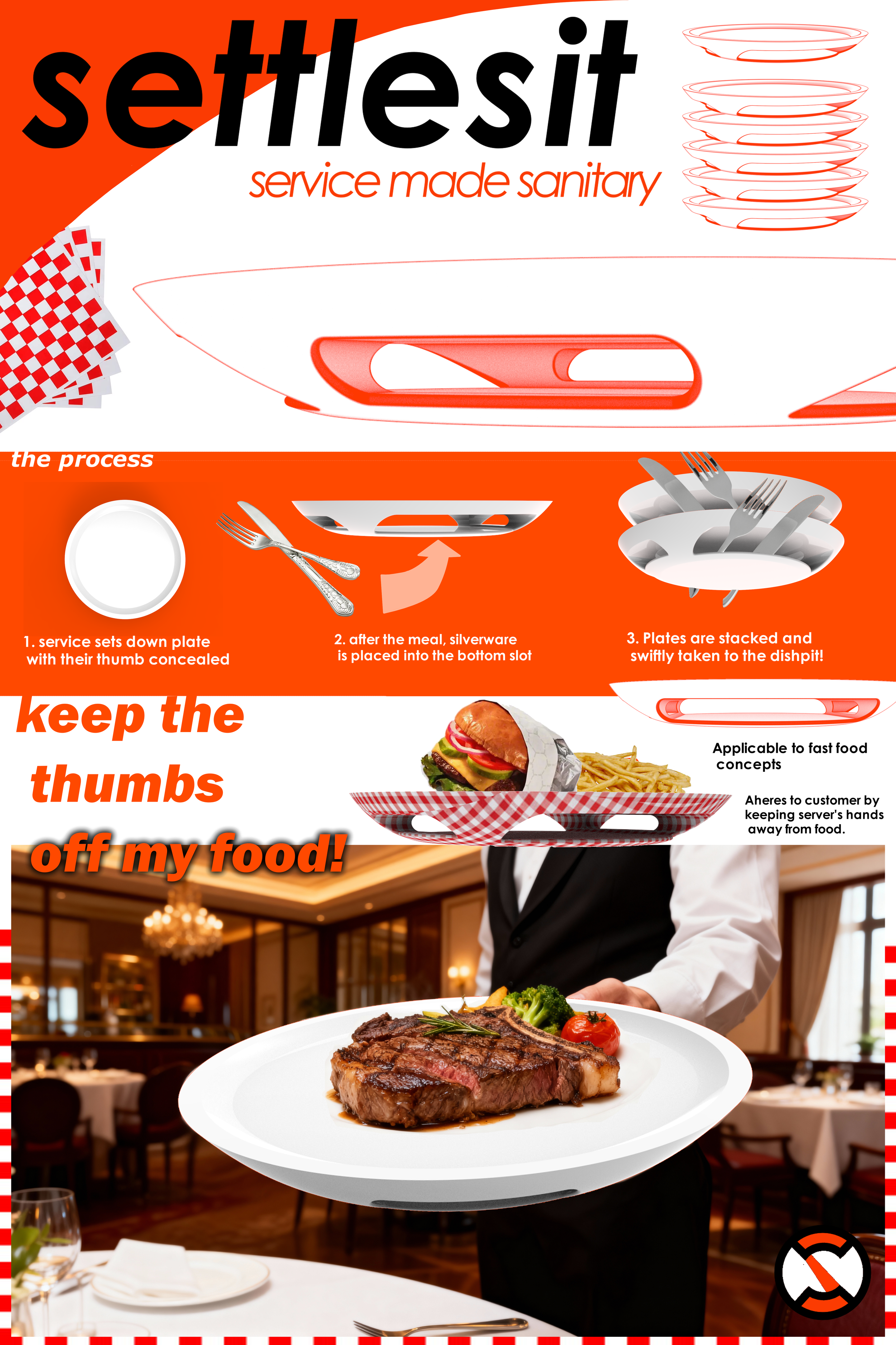 An infographic illustrating a sanitary service process for handling dishes in a restaurant, with a photo of a server holding a plate with steak and vegetables.