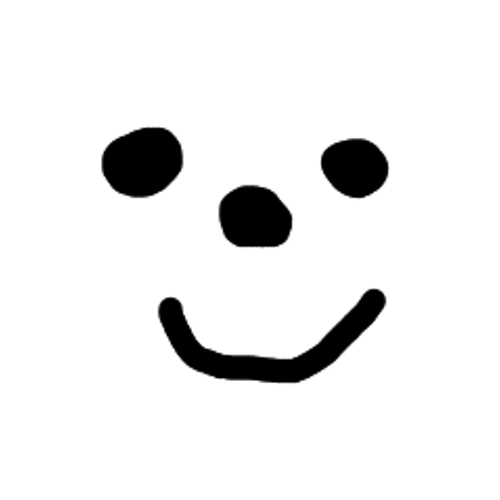 A simple black and white drawing of a dog's face with eyes, nose, and a smiling mouth.