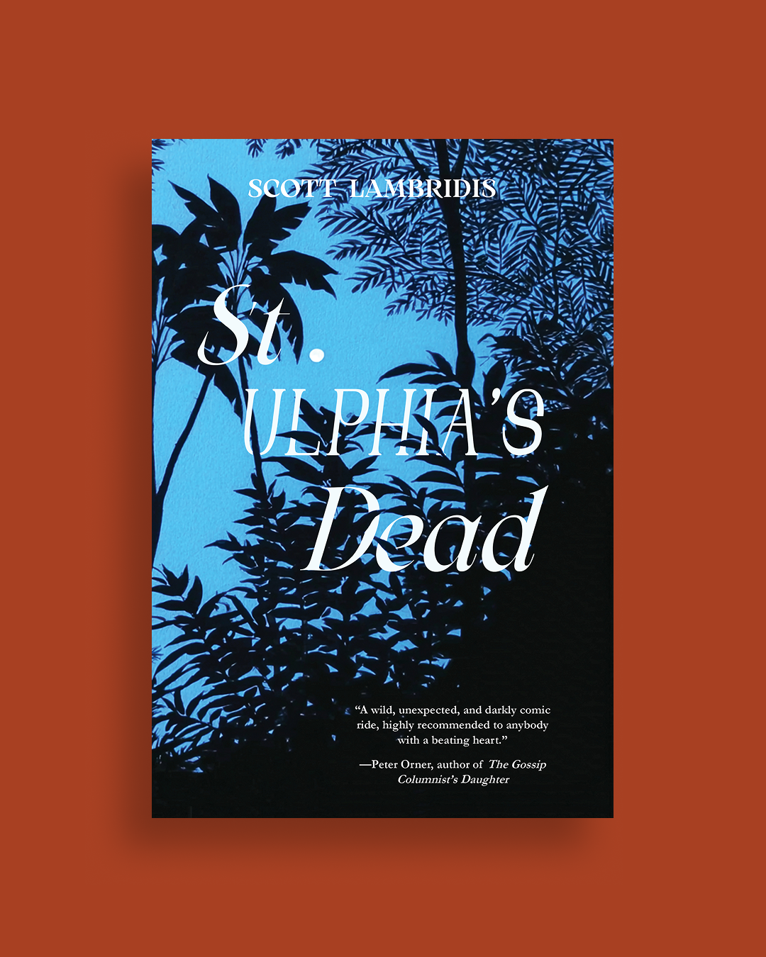 Book cover of St. Ulphia’s Dead: white serif title woven through hand-drawn foliage under a pale moon on a blue-black sky.