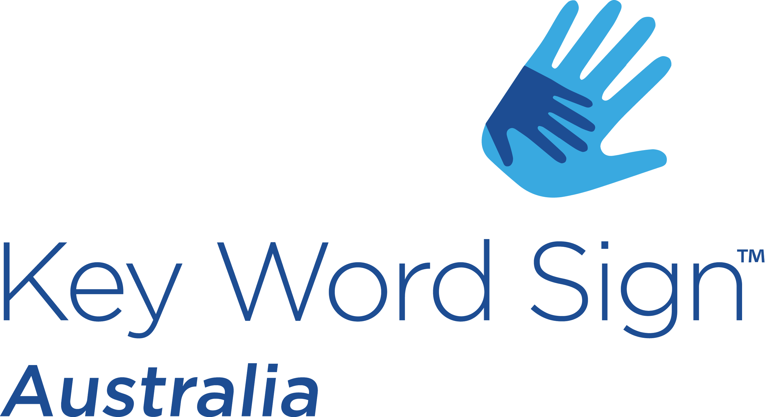 Logo of Key Word Sign Australia featuring a blue hand with extended fingers and the text "Key Word Sign Australia"