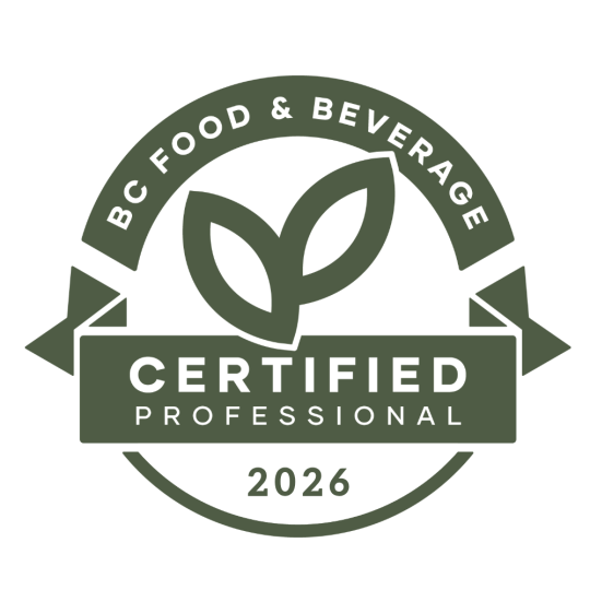A certification badge for BC Food & Beverage, labeled as 'Certified Professional' with the year 2026, featuring a leaf in the center.