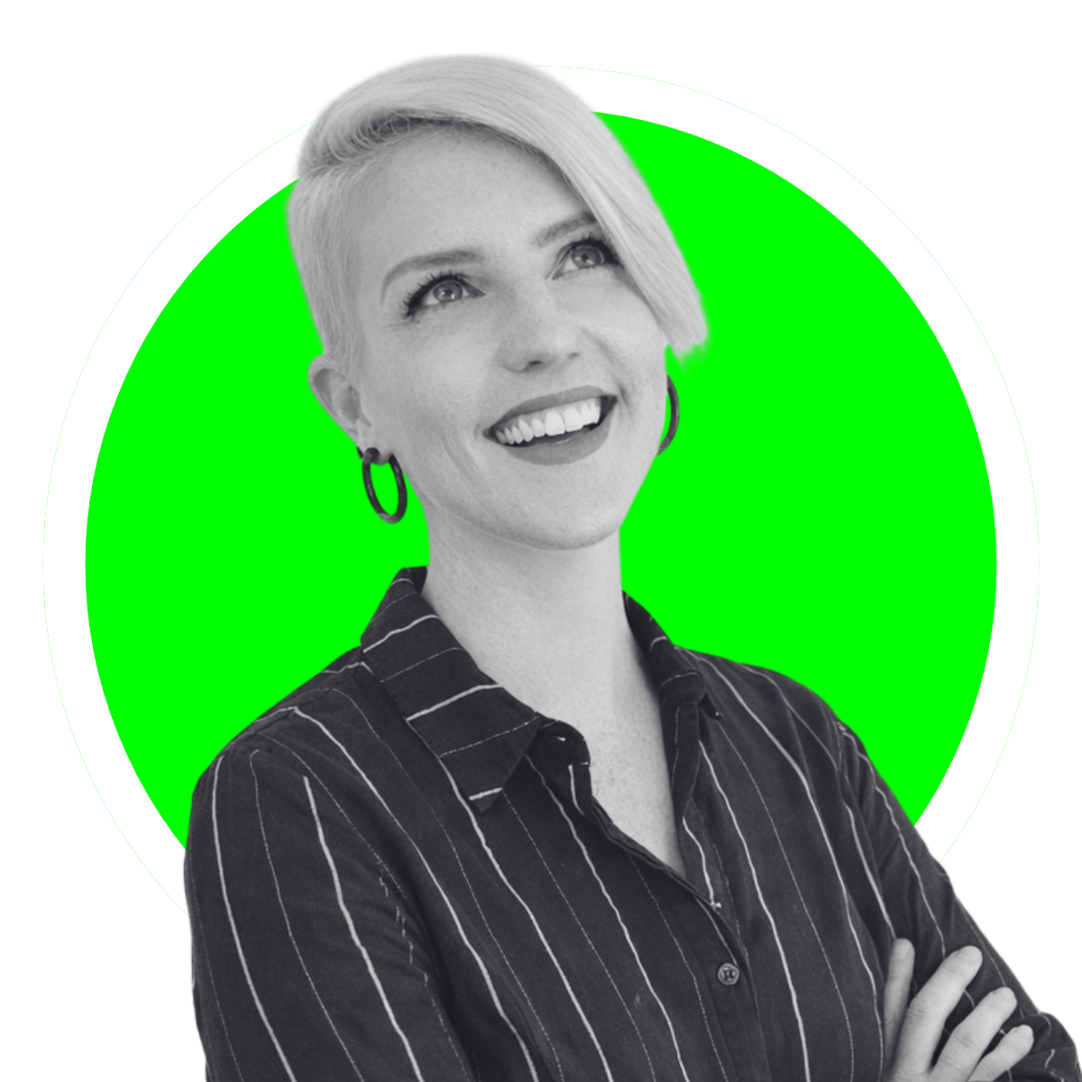 An image of Samantha. She has short blonde hair with a shaved undercut. She shands with her arms chossed looking upwards and smiline. She stands infront of a fluro green circle.