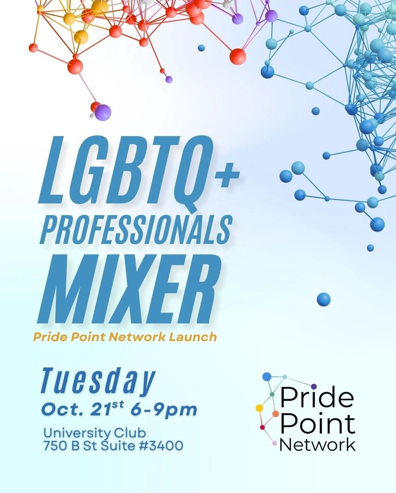 Join us on October 21st for our next mixer at the newly remodeled University Club !

Join us from 6-9pm for cocktails, networking, and connections with your LGBTQ+ professional community. 

Dress up in business casual attire to enjoy the bar and dini
