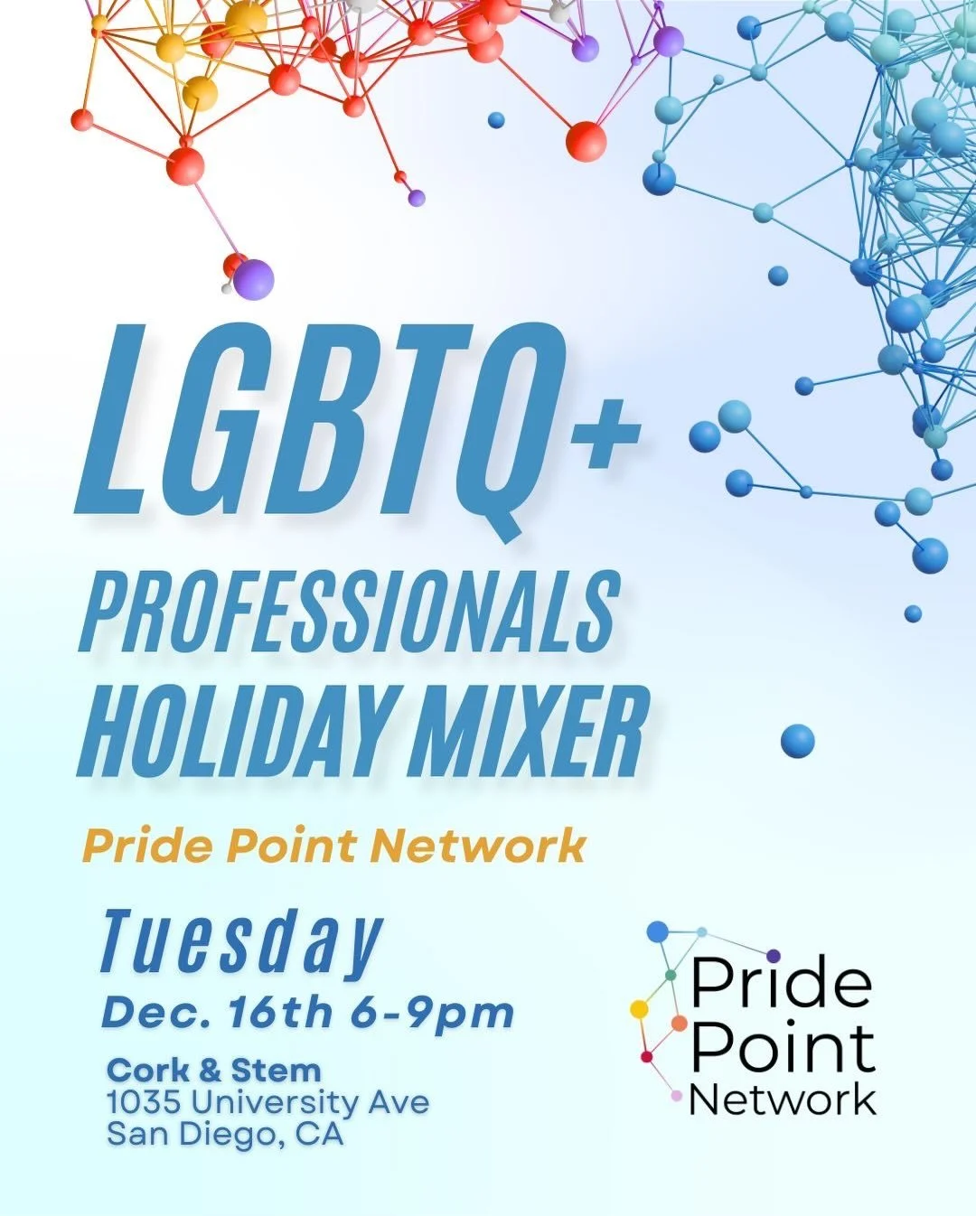 Please join us for our upcoming holiday mixer at Cork &amp; Stem on December 16, 2025! Come mingle with your local lgbtq+ professionals, enjoy a glass of wine, and make a bouquet at the bouquet bar. 🌹🌺

Special thank you to our featured nonprofit, 