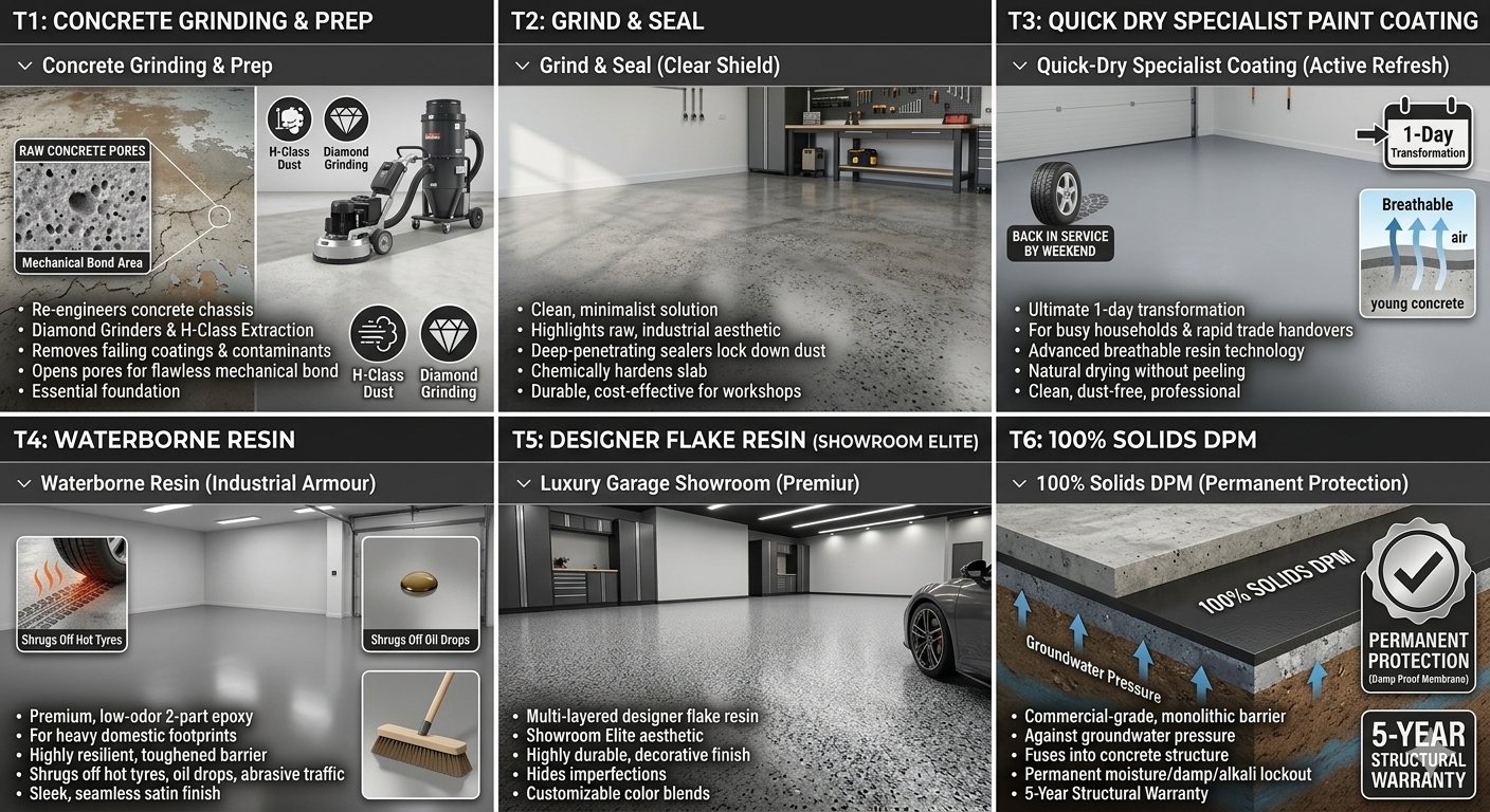 Infographic detailing a construction or renovation process for concrete and flooring. The steps include concrete grinding and prep, sealing, quick dry paint coating, applying waterborne resin, designer flake resin, and sealing with 100% solids DPM. The image uses icons and photos to illustrate each stage, from raw concrete pores to finished epoxy floors.