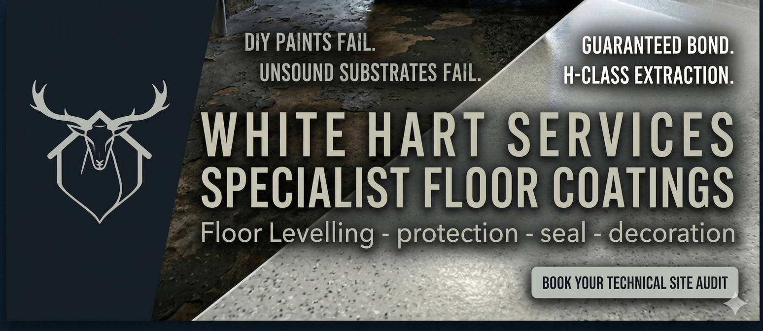 Advertising banner for White Hart Services specializing in floor coatings, including floor leveling, protection, sealing, and decoration, with a logo of a deer's head and antlers, and a background showing flooring materials.