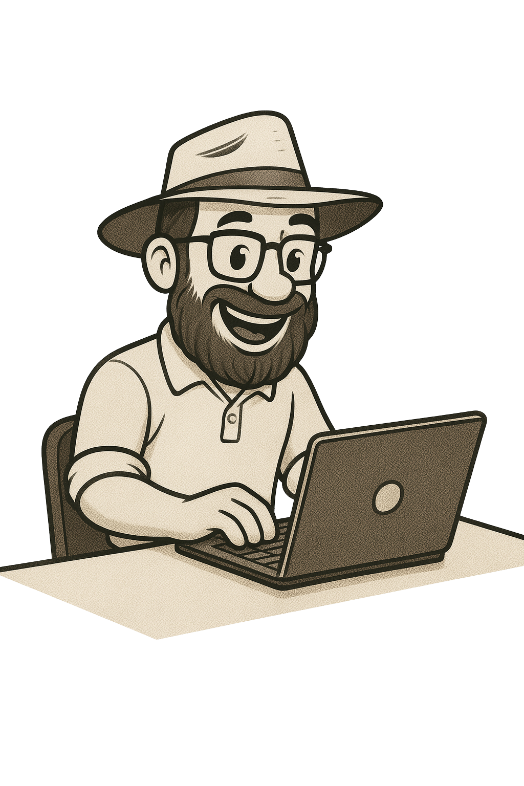 Cartoon man with glasses, beard, and hat working on a laptop, smiling happily.