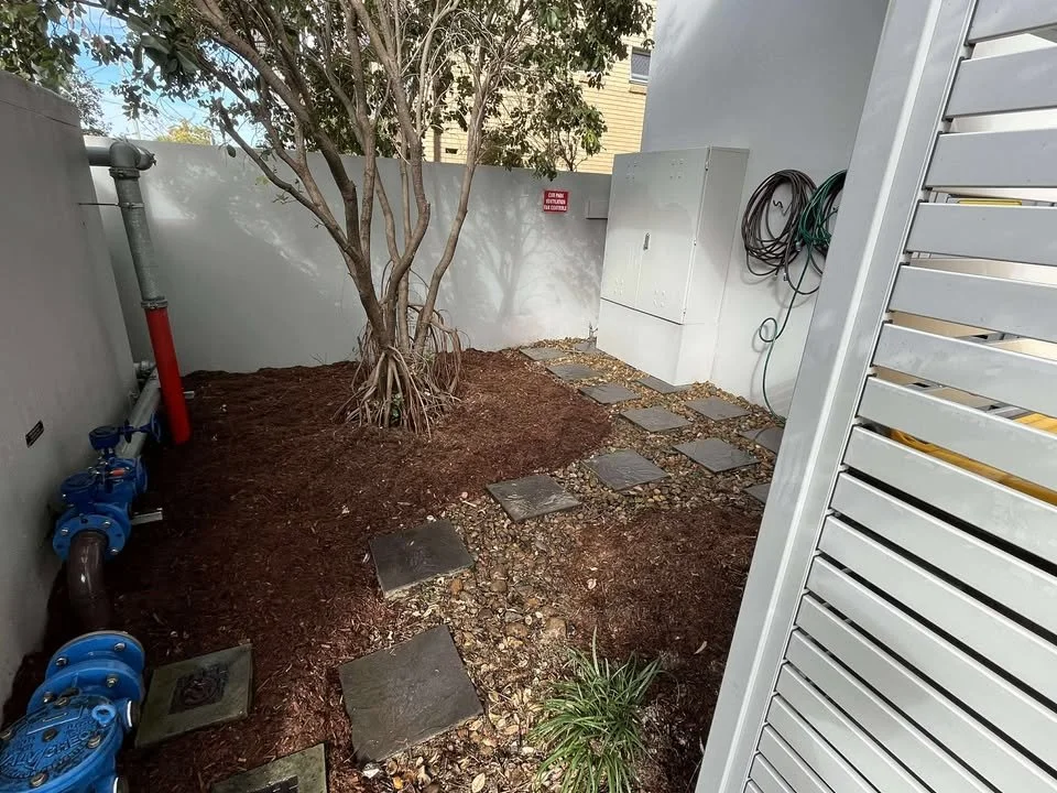Small outdoor backyard area with a tree, gravel pathway, utility meters, and a white wall.