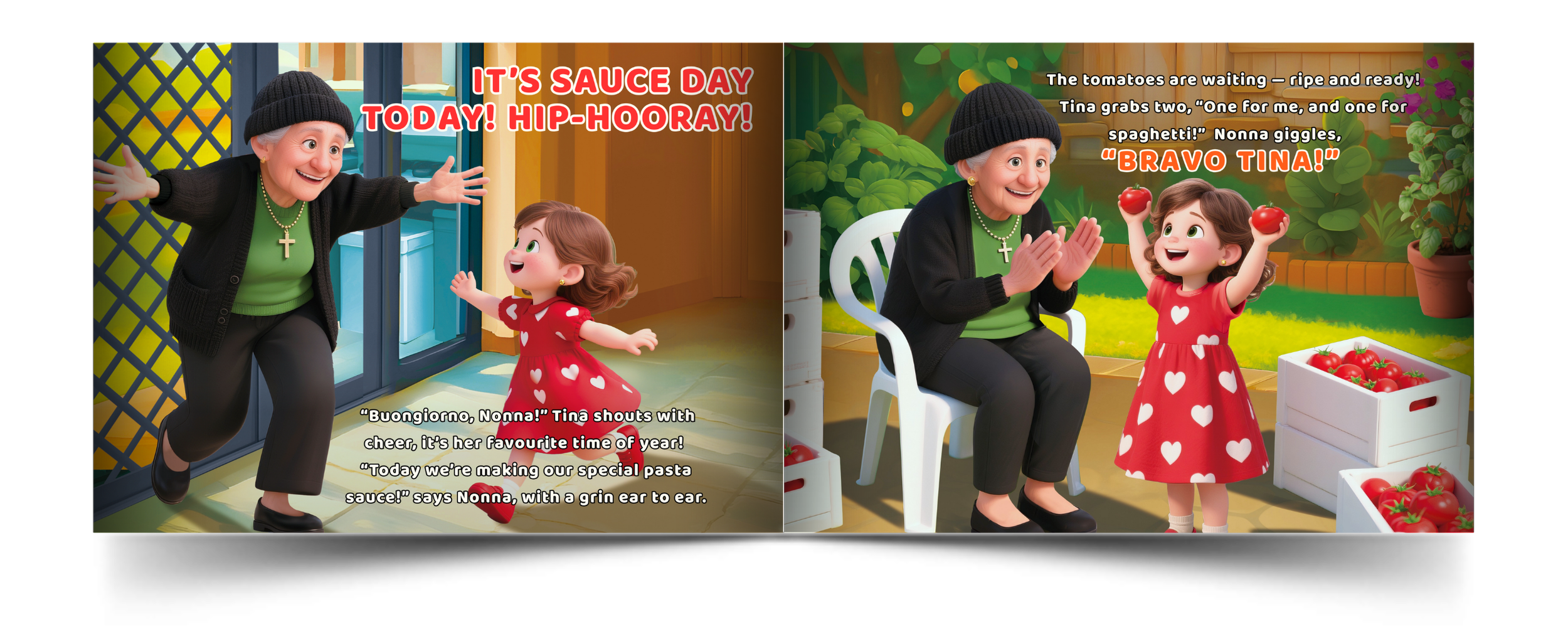 An elderly woman wearing a black hat, green shirt, black cardigan, and cross necklace is joyfully running into a garden with a young girl in a red dress with white hearts, holding tomatoes. The scene is cheerful, with bright colors, tomatoes waiting in crates, and text celebrating sauce day.