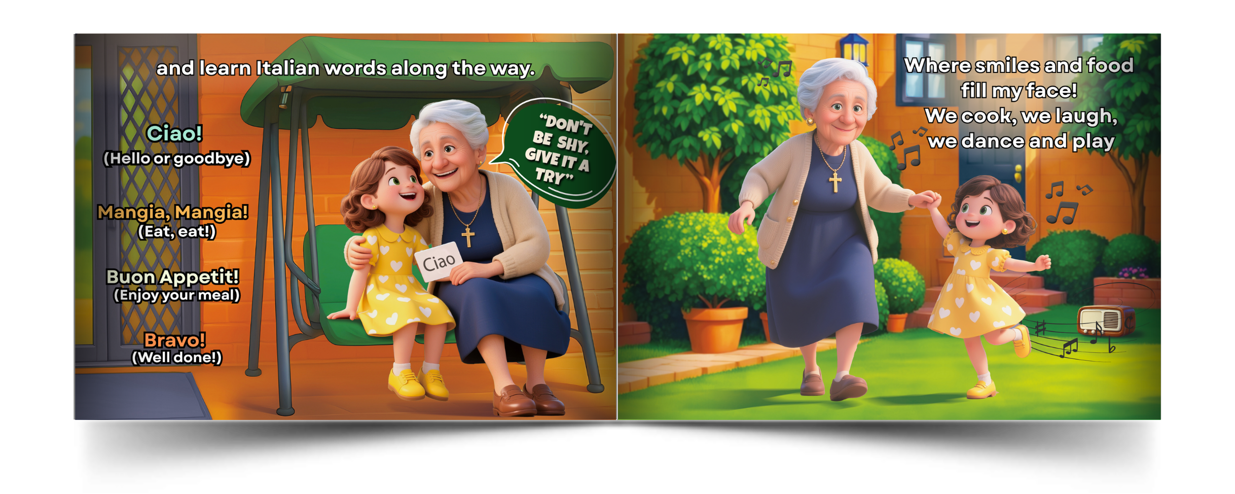 An illustrated scene of a young girl and an elderly woman, possibly a grandmother, sharing moments in a garden. The girl, wearing a yellow dress with white hearts, sits on a porch swing and holds a sign that says 'Ciao'. The grandmother, wearing a blue dress, beige cardigan, and a cross necklace, is seated next to her, smiling and holding the girl's hand. On the right, the girl is dancing with the grandmother in a garden, both smiling, with music notes around them, trees, potted plants, and a house in the background.