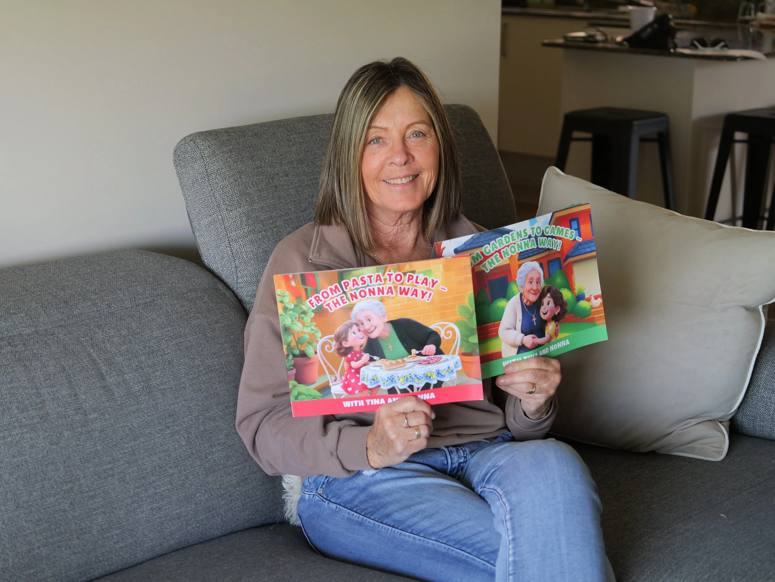 Nonni/nonna loving her childrens books for grandkids
