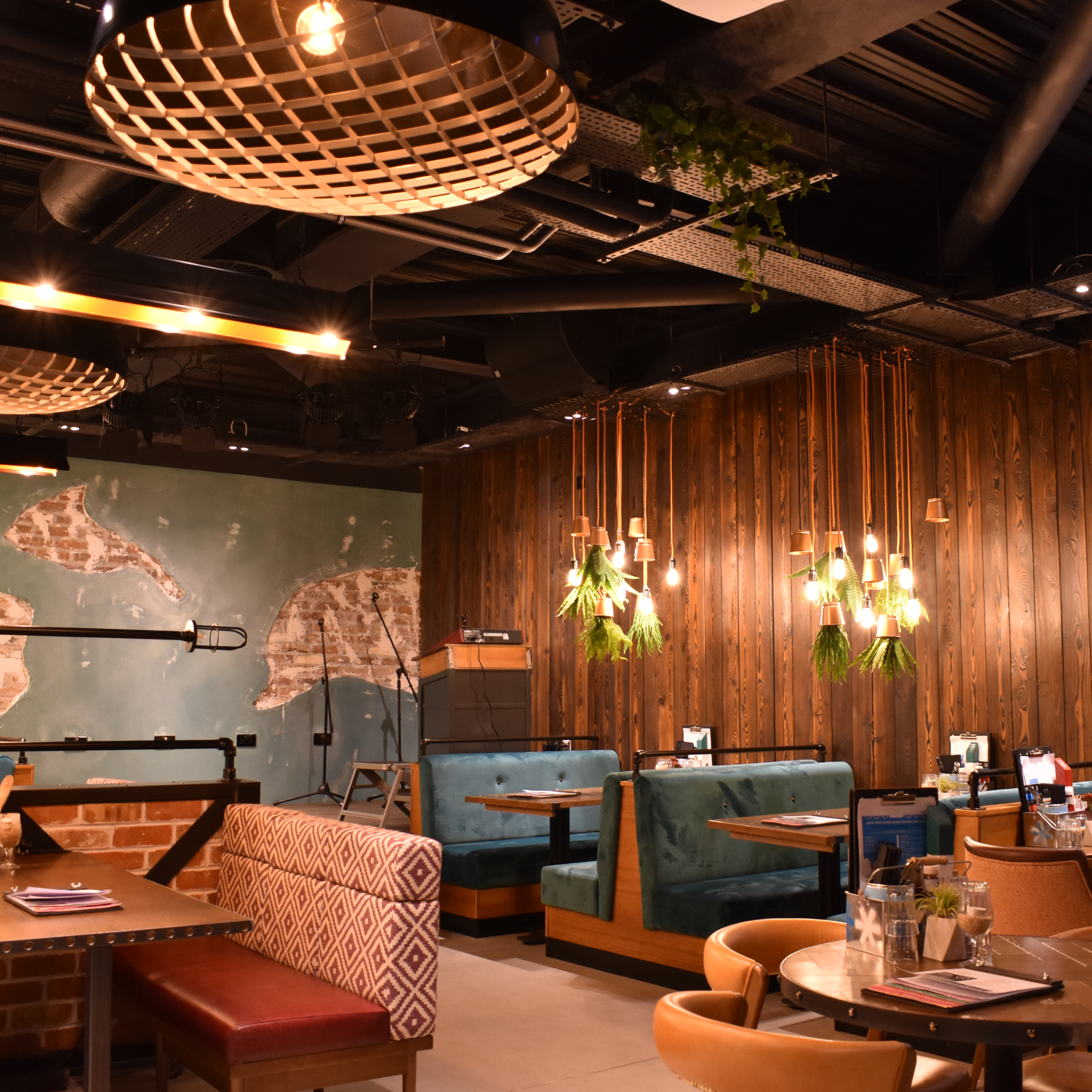 Interior of a cozy restaurant with a mix of booth seating, hanging lantern-style lights with green plants, a wooden accent wall, and musical equipment in the background.