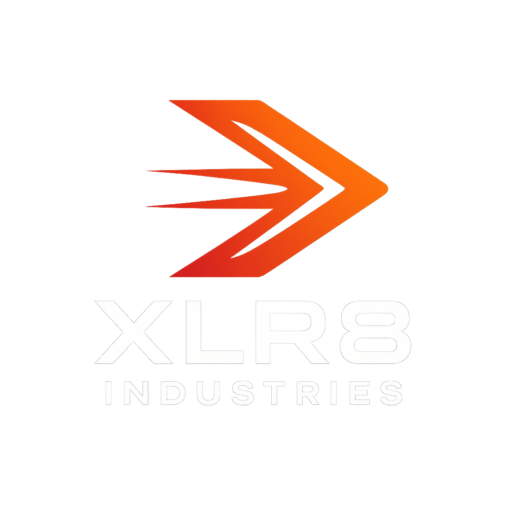 Logo for XL R8 Industries featuring an orange arrow with purple and pink streaks, and text in white and gray.