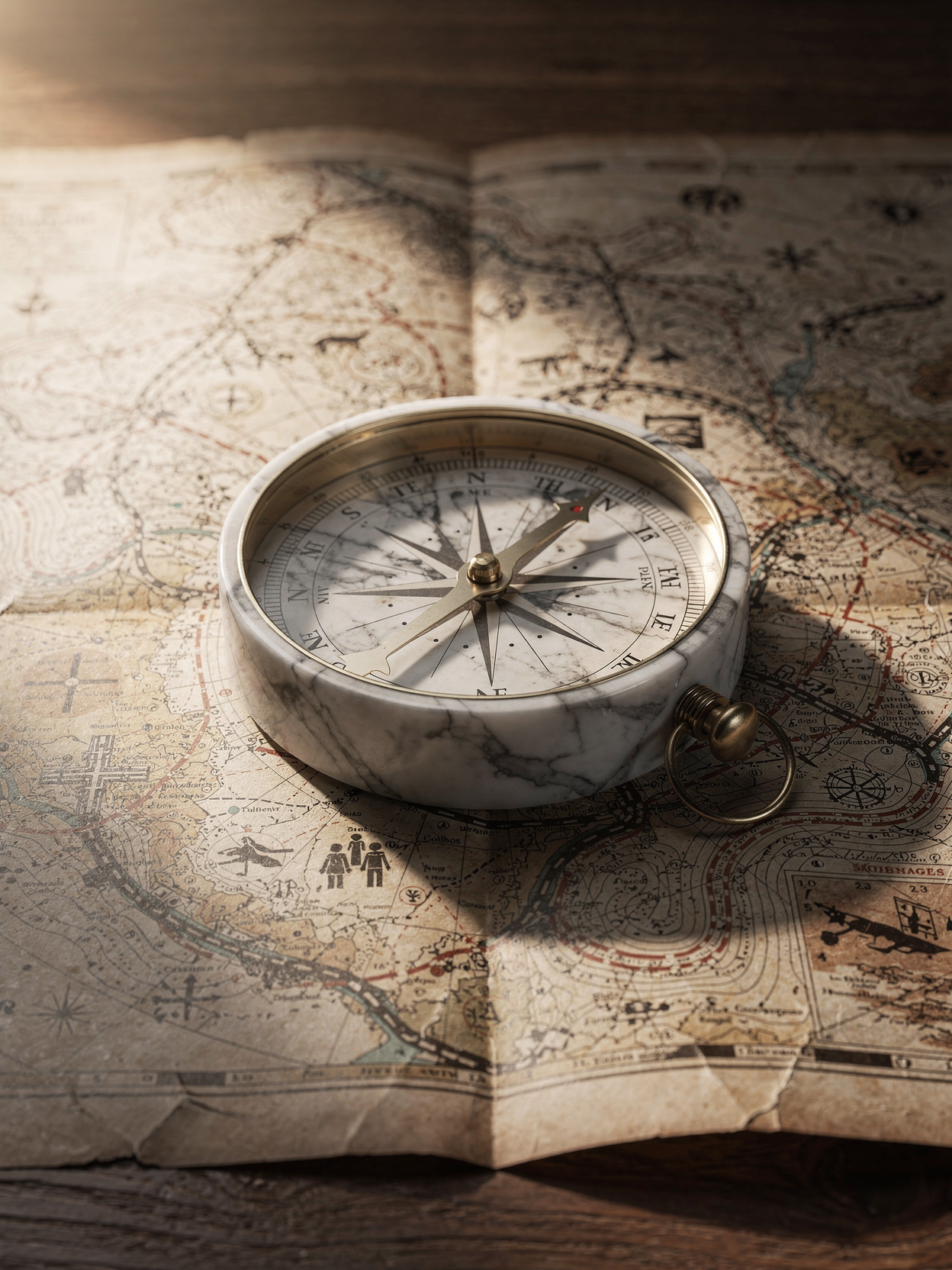 A vintage compass resting on an old, detailed paper map with various markings and symbols.