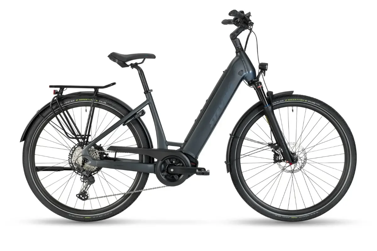 A black electric bike with frame, saddle, handlebars, pedals, large battery in the frame and four rubber wheels.