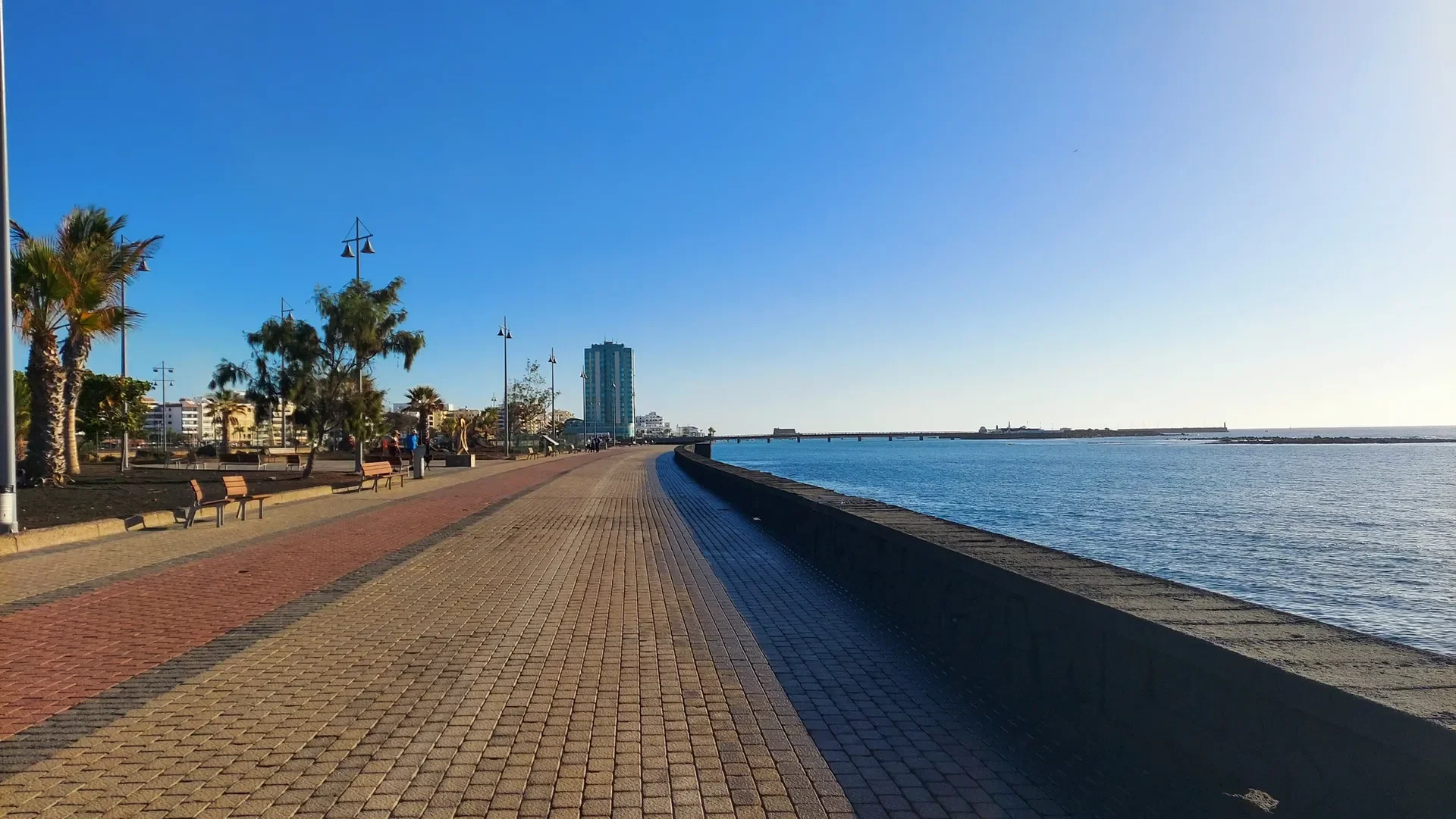 Blick auf eine Uferpromenade mit Palmen, Bänken und Lampenmasten, Blick auf das Meer und den Himmel, moderne Gebäude im Hintergrund, sonniger Tag.