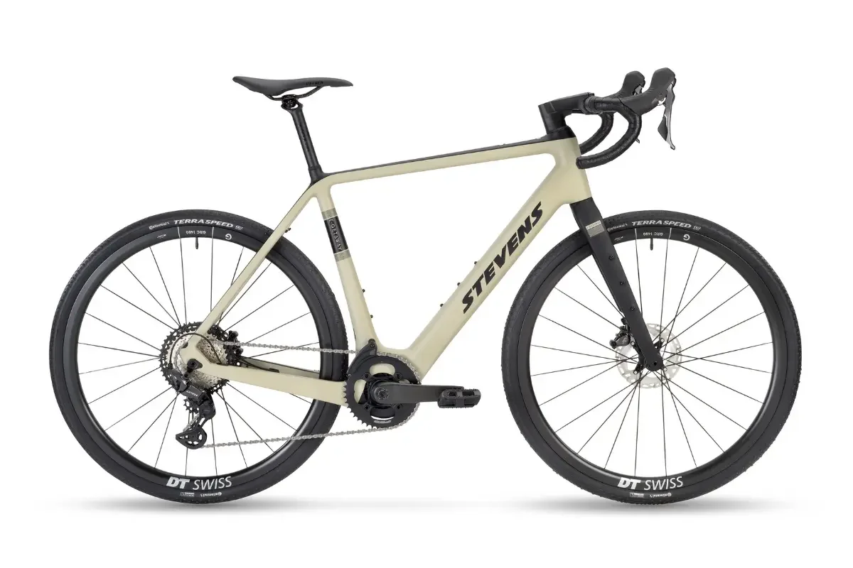 A modern e-bike with black handlebars, black saddle and white tires with black rims, photographed on a white background.