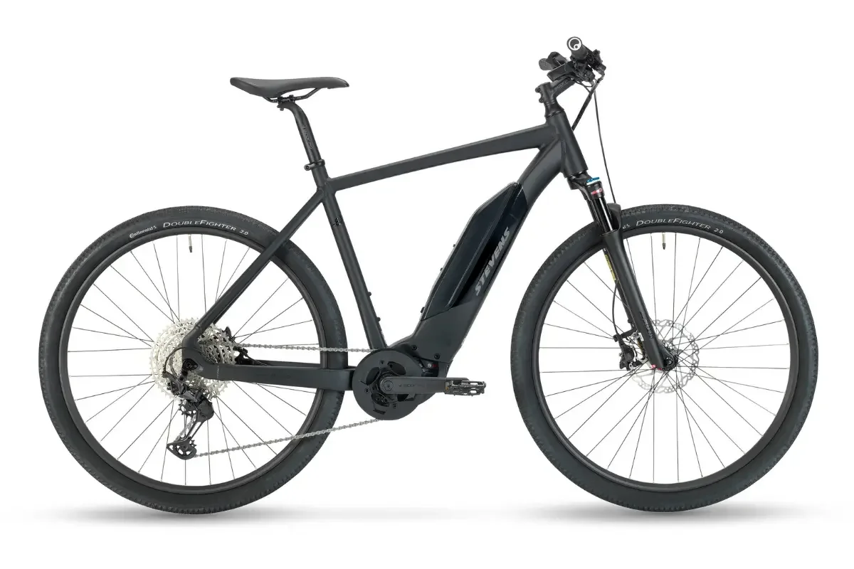 A black electric bike with frame, wheels, electric motor and gearshift.